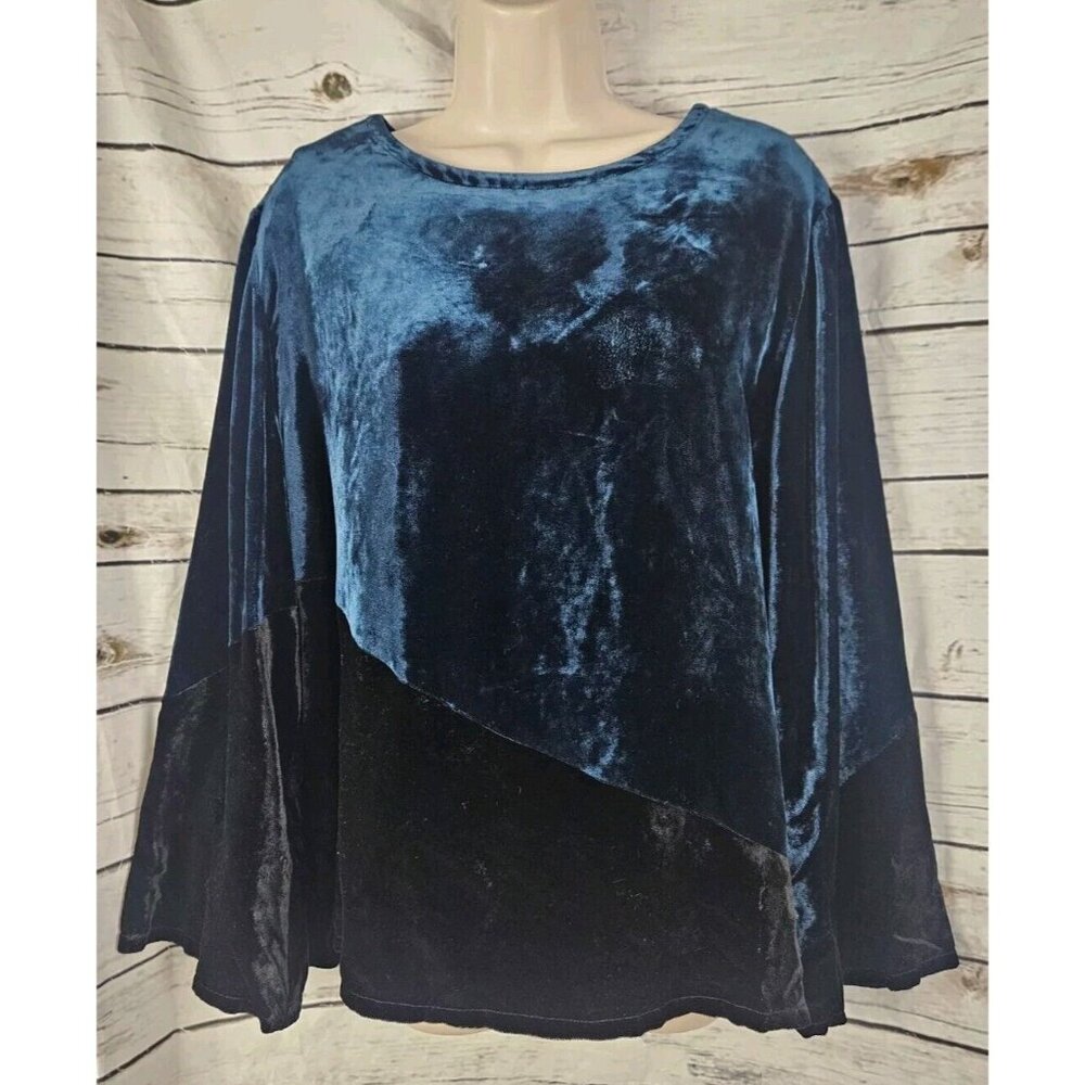 Hino & Malee II Crushed Velvet Top XL/XXL Tunic Teal Black Long Sleeve Lagenlook